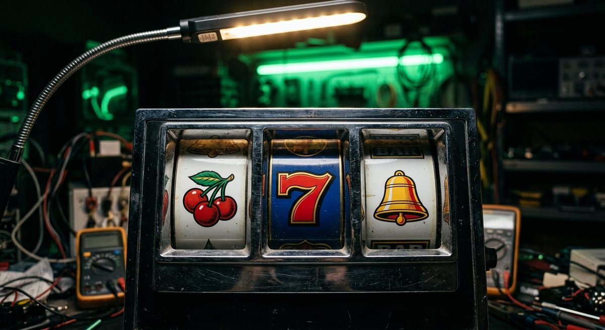 Gulungan mesin slot dengan simbol ceri, tujuh, dan bel diperiksa di bawah lampu laboratorium gelap