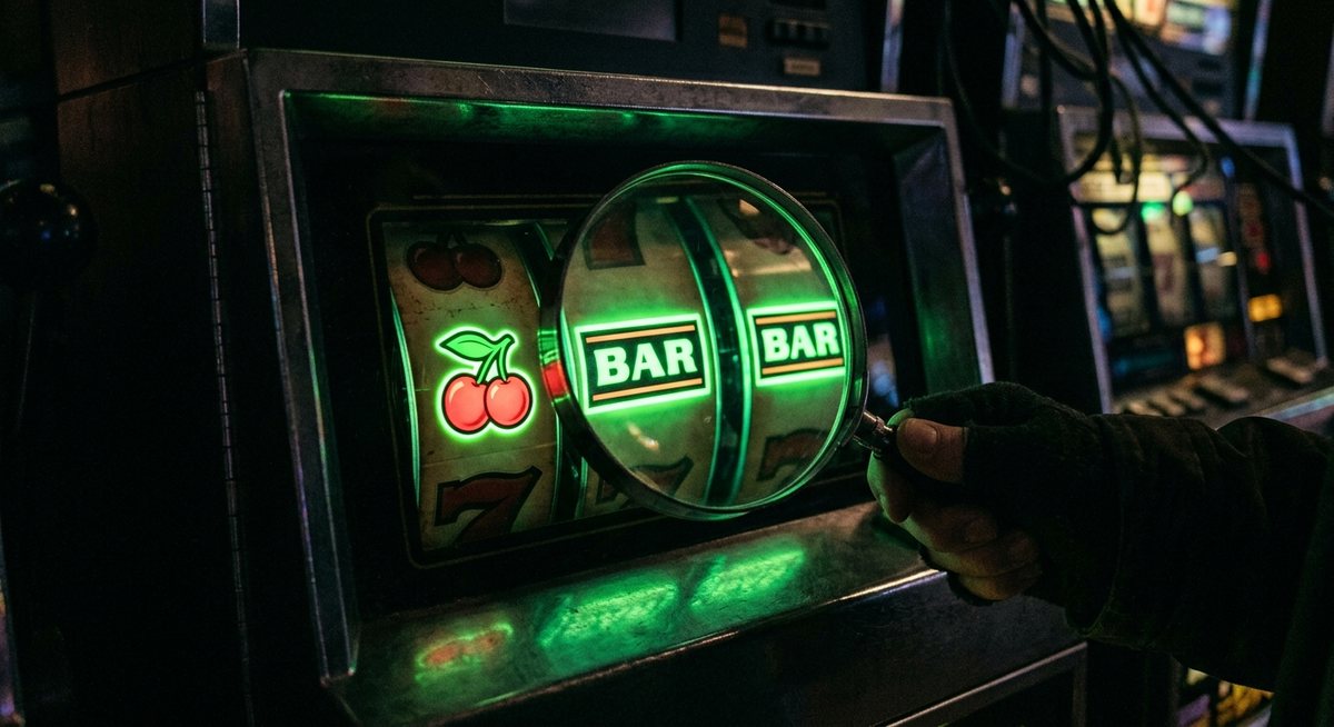 Kacamata pembesar di atas gulungan mesin slot dengan simbol ceri dan BAR di bawah cahaya neon hijau