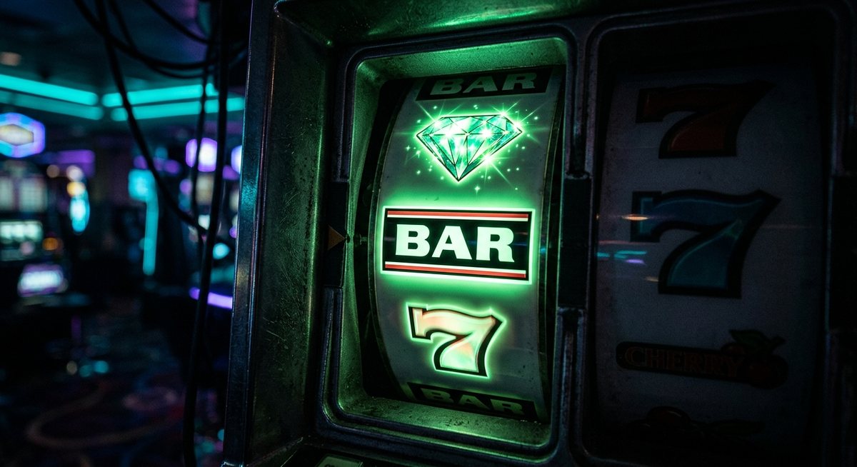 Simbol BAR dan berlian pada gulungan mesin slot menyala di bawah pemeriksaan lampu laboratorium hijau